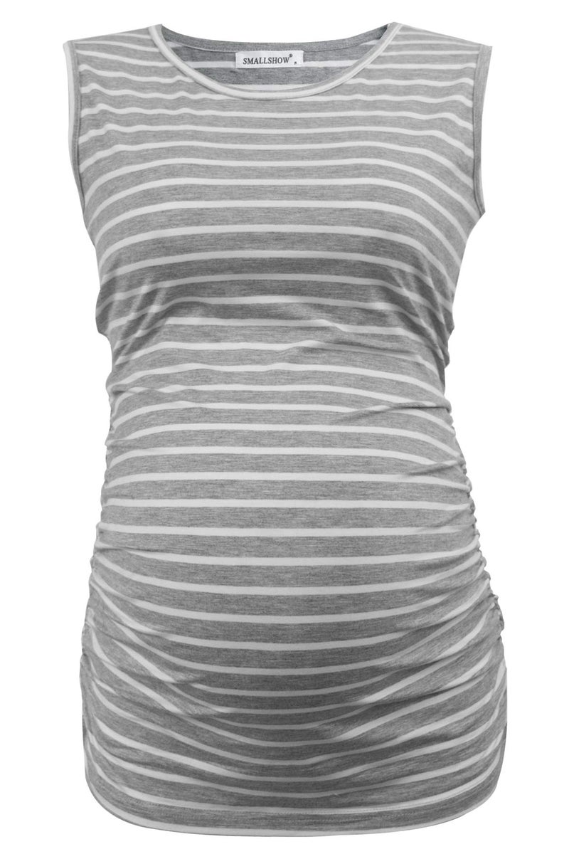 Smallshow Women's Maternity Tank Tops Sleeveless Ruched Pregnancy Clothes Black/Light Grey/Grey Stripe Medium 3-Pack - Image 3
